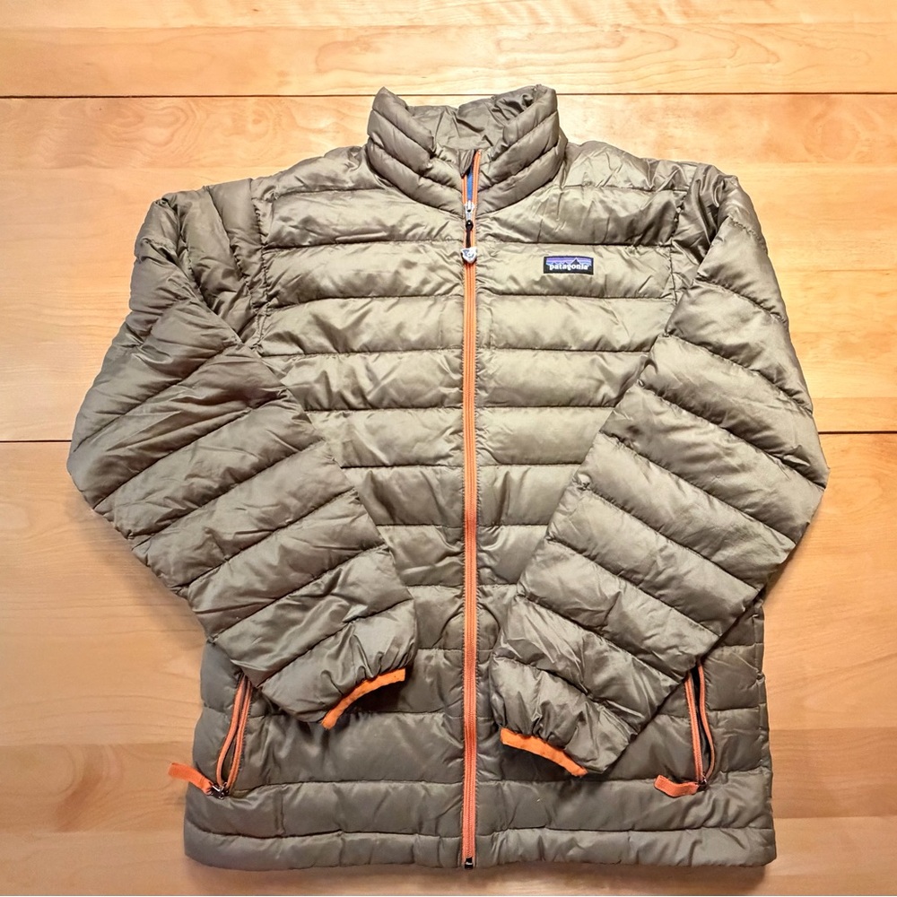 Patagonia kid’s Tan Puffer Jacket with Orange Zipper